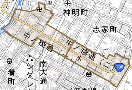 中ノ橋通とその周辺の地図。町の範囲を重ねている