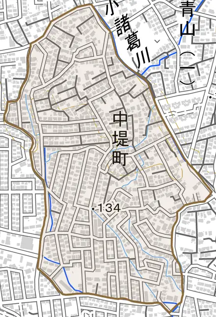 中堤町とその周辺の地図。町の範囲を重ねている
