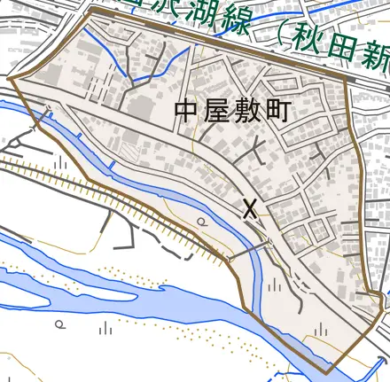 中屋敷町とその周辺の地図。町の範囲を重ねている