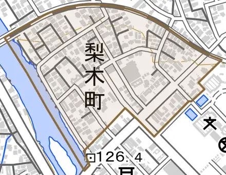 梨木町とその周辺の地図。町の範囲を重ねている