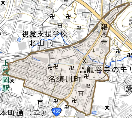 名須川町とその周辺の地図。町の範囲を重ねている