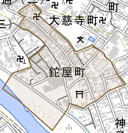 鉈屋町とその周辺の地図。町の範囲を重ねている