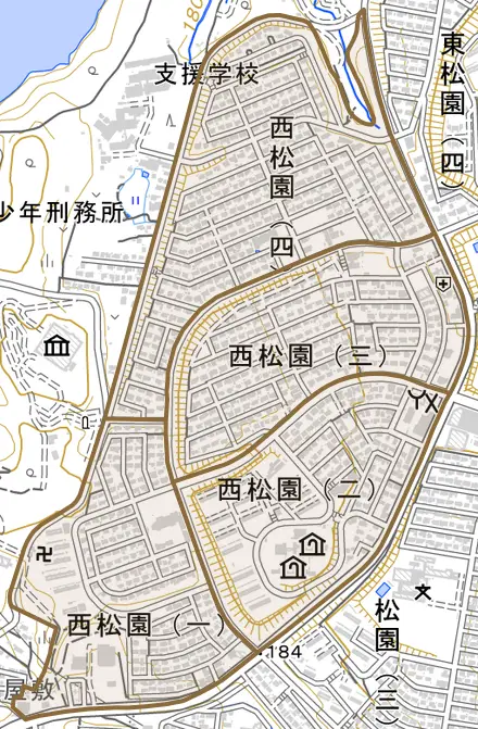 西松園とその周辺の地図。町の範囲を重ねている