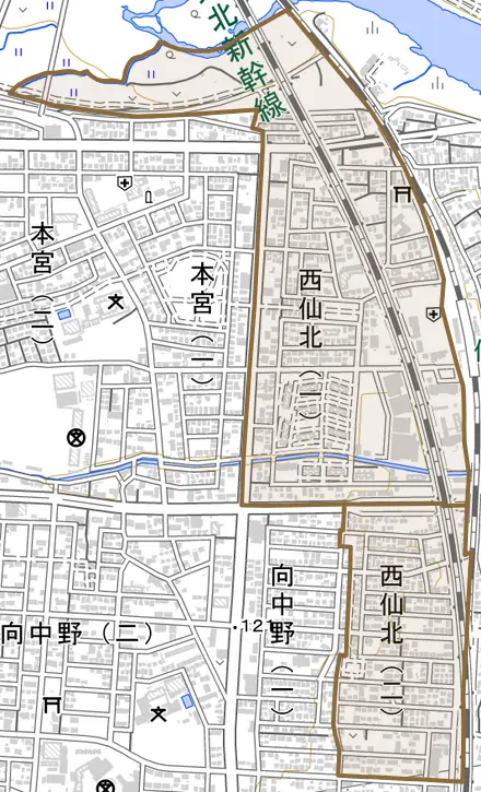 西仙北とその周辺の地図。町の範囲を重ねている