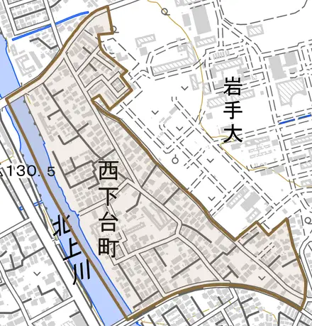 西下台町とその周辺の地図。町の範囲を重ねている