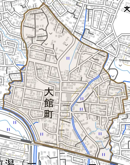 大館町とその周辺の地図。町の範囲を重ねている