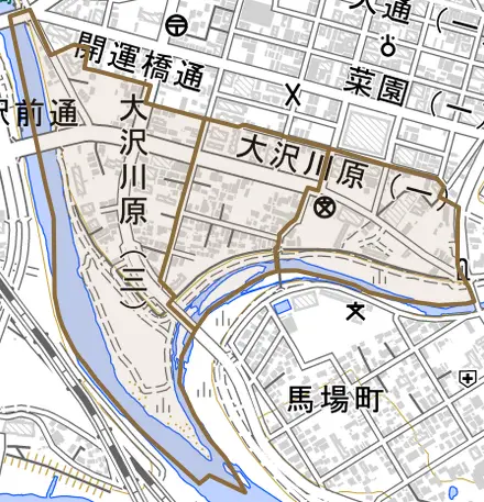 大沢川原とその周辺の地図。町の範囲を重ねている