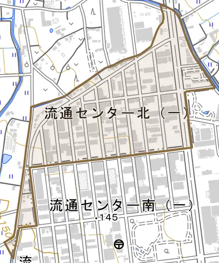 流通センター北とその周辺の地図。町の範囲を重ねている