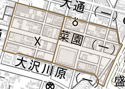 菜園とその周辺の地図。町の範囲を重ねている