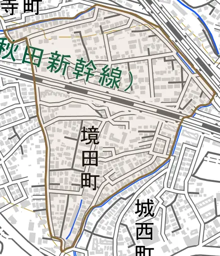 境田町とその周辺の地図。町の範囲を重ねている