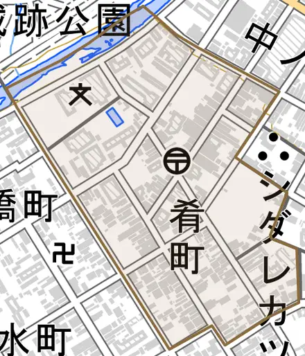 肴町とその周辺の地図。町の範囲を重ねている