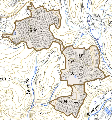 桜台とその周辺の地図。町の範囲を重ねている