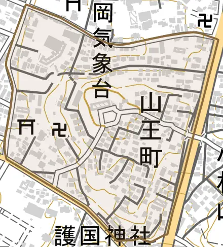 山王町とその周辺の地図。町の範囲を重ねている