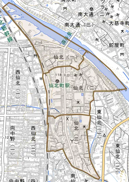 仙北とその周辺の地図。町の範囲を重ねている