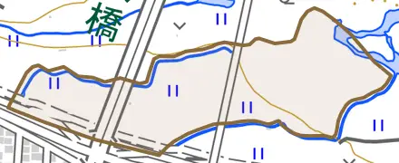 仙北町とその周辺の地図。町の範囲を重ねている