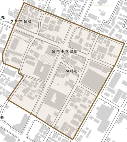 神明町とその周辺の地図。町の範囲を重ねている