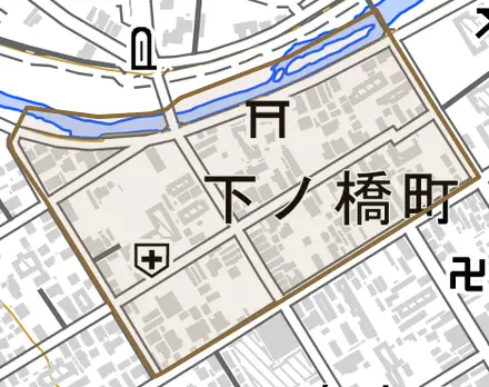 下ノ橋町とその周辺の地図。町の範囲を重ねている