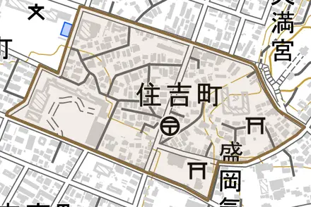 住吉町とその周辺の地図。町の範囲を重ねている