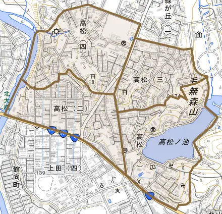 高松とその周辺の地図。町の範囲を重ねている