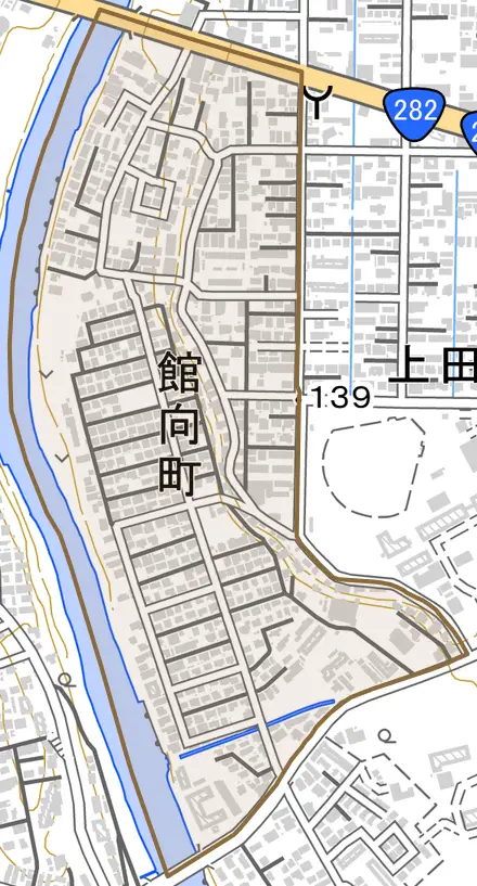 館向町とその周辺の地図。町の範囲を重ねている