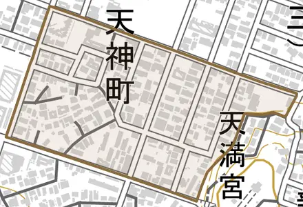 天神町とその周辺の地図。町の範囲を重ねている