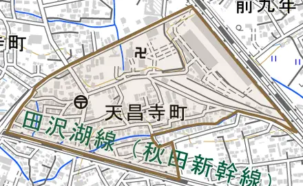 天昌寺町とその周辺の地図。町の範囲を重ねている