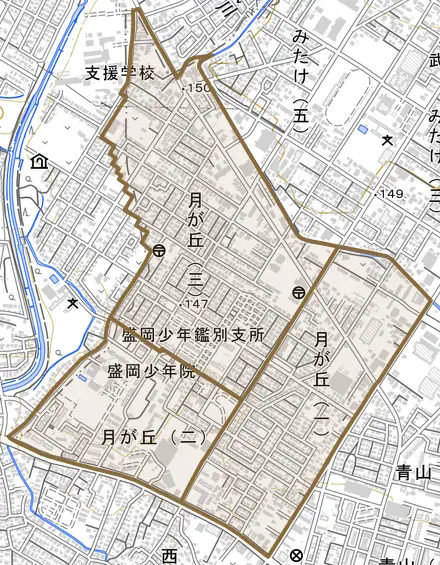 月が丘とその周辺の地図。町の範囲を重ねている