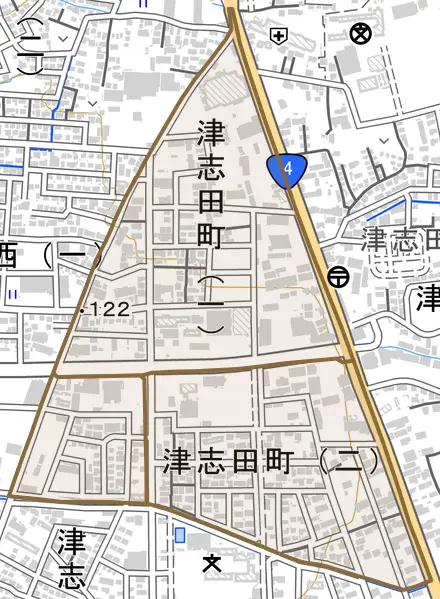 津志田町とその周辺の地図。町の範囲を重ねている