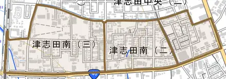 津志田南とその周辺の地図。町の範囲を重ねている