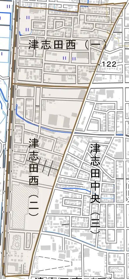 津志田西とその周辺の地図。町の範囲を重ねている