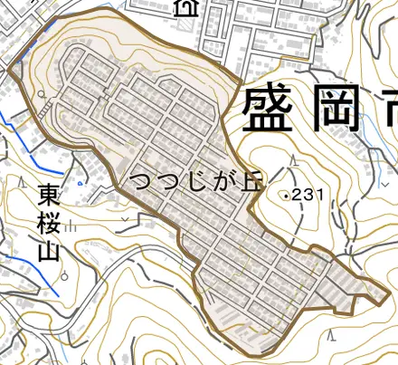 つつじが丘とその周辺の地図。町の範囲を重ねている