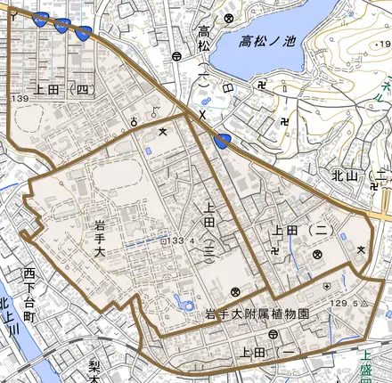上田とその周辺の地図。町の範囲を重ねている