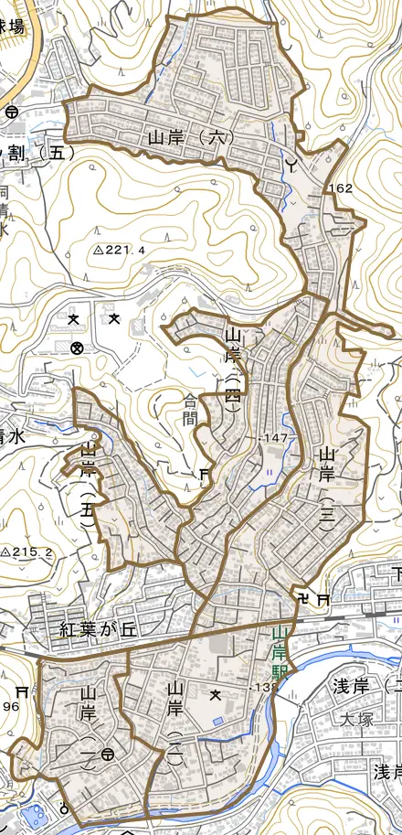 山岸とその周辺の地図。町の範囲を重ねている