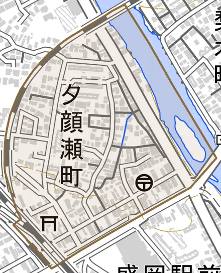 夕顔瀬町とその周辺の地図。町の範囲を重ねている
