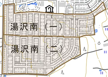 湯沢南とその周辺の地図。町の範囲を重ねている
