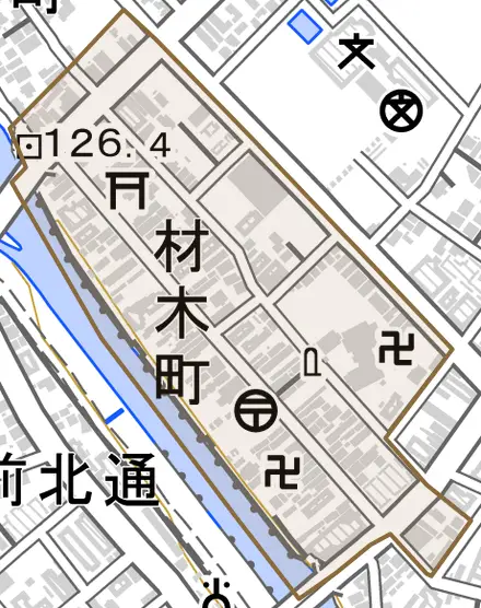 材木町とその周辺の地図。町の範囲を重ねている