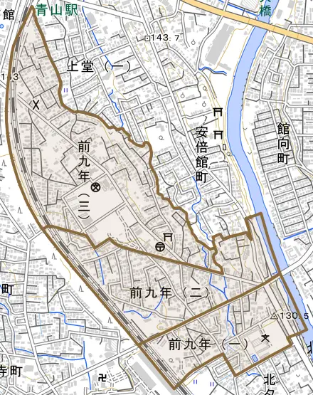 前九年とその周辺の地図。町の範囲を重ねている