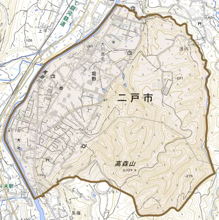 堀野とその周辺の地図。町の範囲を重ねている