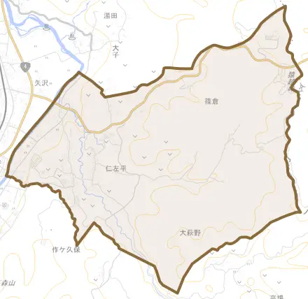 仁左平とその周辺の地図。町の範囲を重ねている