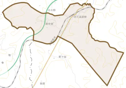 中村とその周辺の地図。町の範囲を重ねている