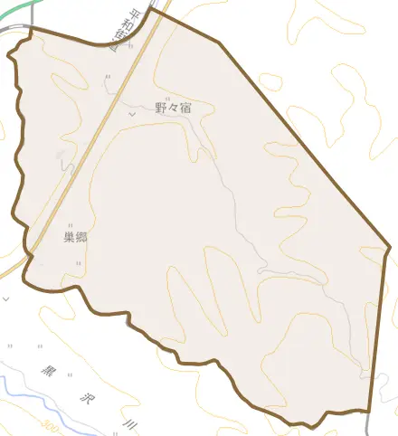 野々宿とその周辺の地図。町の範囲を重ねている