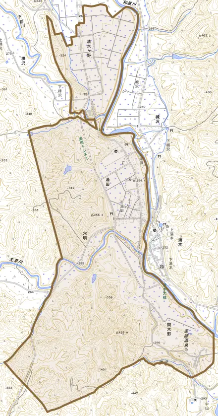 清水ヶ野とその周辺の地図。町の範囲を重ねている