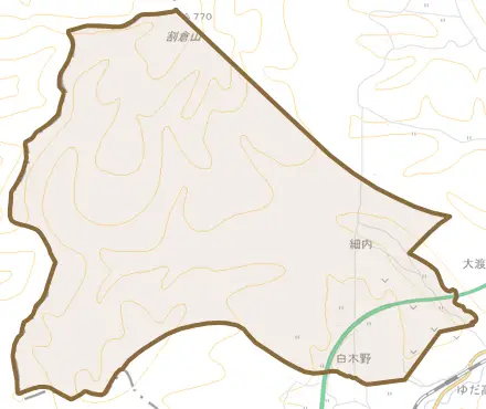 白木野とその周辺の地図。町の範囲を重ねている