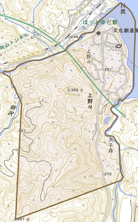 上野々とその周辺の地図。町の範囲を重ねている