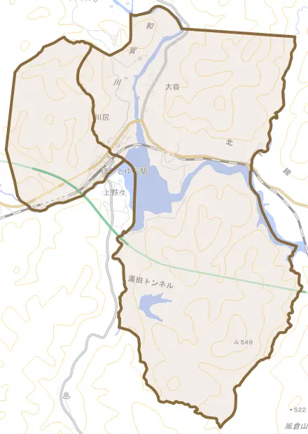 川尻とその周辺の地図。町の範囲を重ねている