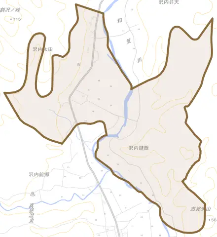 沢内字太田とその周辺の地図。町の範囲を重ねている
