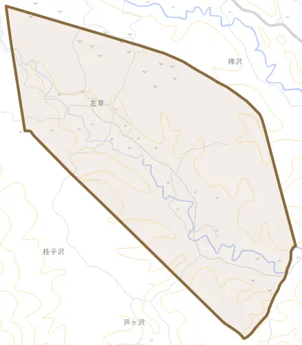 下左草とその周辺の地図。町の範囲を重ねている