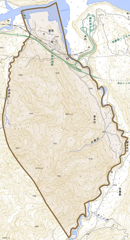 耳取とその周辺の地図。町の範囲を重ねている