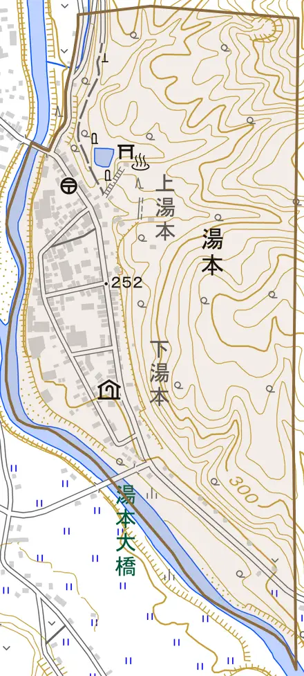 湯本とその周辺の地図。町の範囲を重ねている