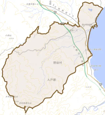 大字野田とその周辺の地図。町の範囲を重ねている